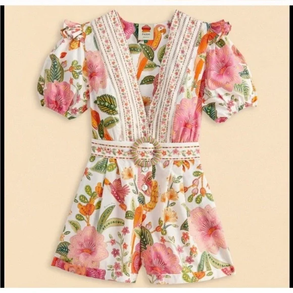 Farm Rio Macaw Bloom Cotton Romper XS